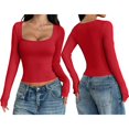 thumbnail image 3 of Womens Long Sleeve Shirts Crop Tops Square Neck Going Out Basics Tees Y2K Winter Clothes Red M, 3 of 7