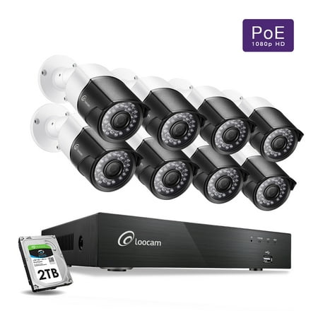 Loocam 1080p PoE Video Surveillance Camera System, 8 x Wired 2MP Security Bullet IP Cameras, 150ft Night Vision, 8 Channel NVR Security System w/ 2TB HDD, Motion Alert, Android and iOS