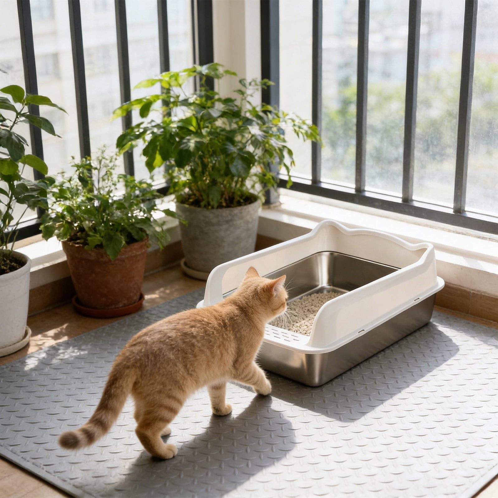 onlyliua Stainless Steel Semi-Enclosed Cat Litter Box High Wall Anti-Scatter Odor-Control Covered Kitty Pan With Non-Slip Base Durable Easy-Clean Indoor Litter Solution stainless steel litter box