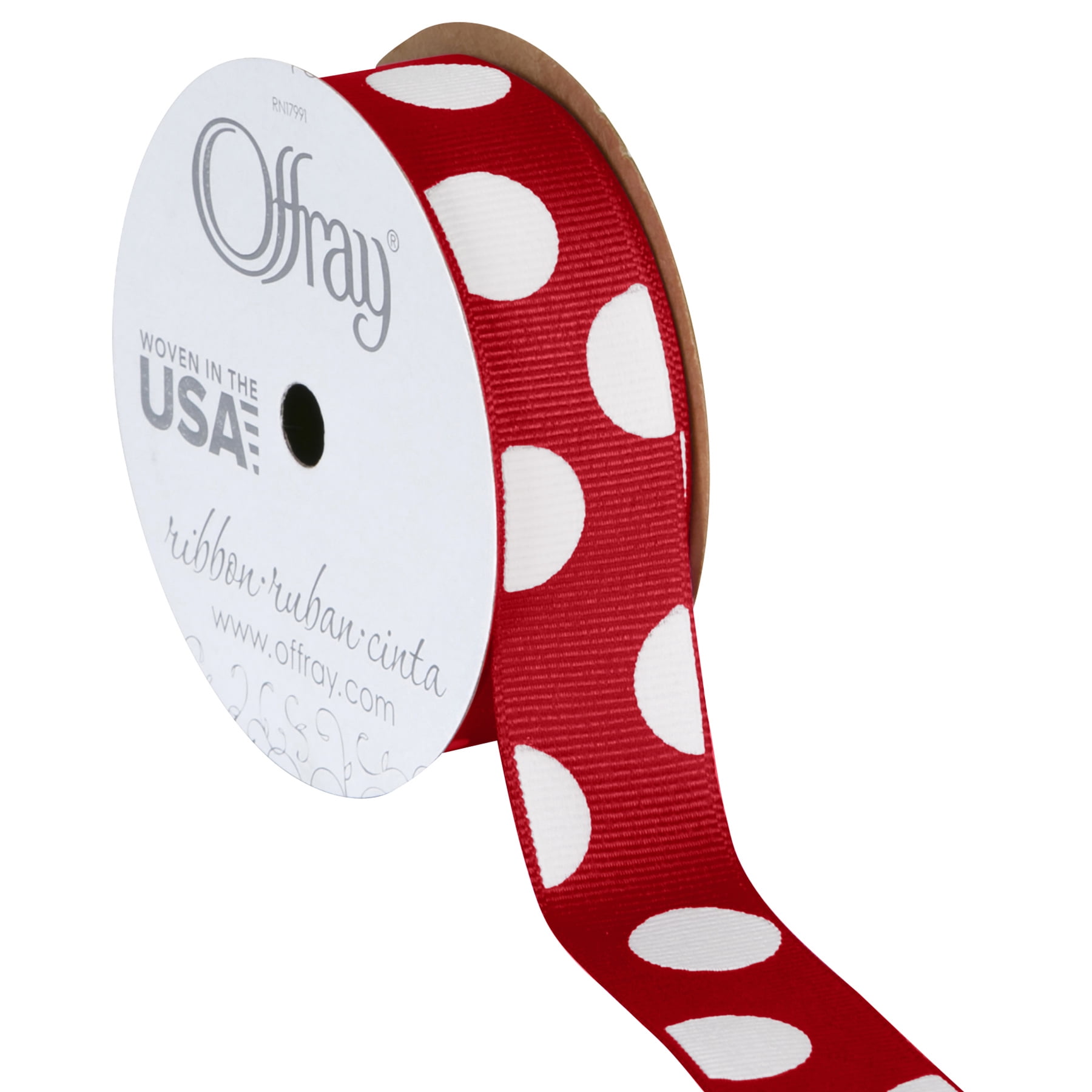 Offray Ribbon, Red with Polka Dot 7/8 inch Grosgrain Polyester Ribbon, 9 feet