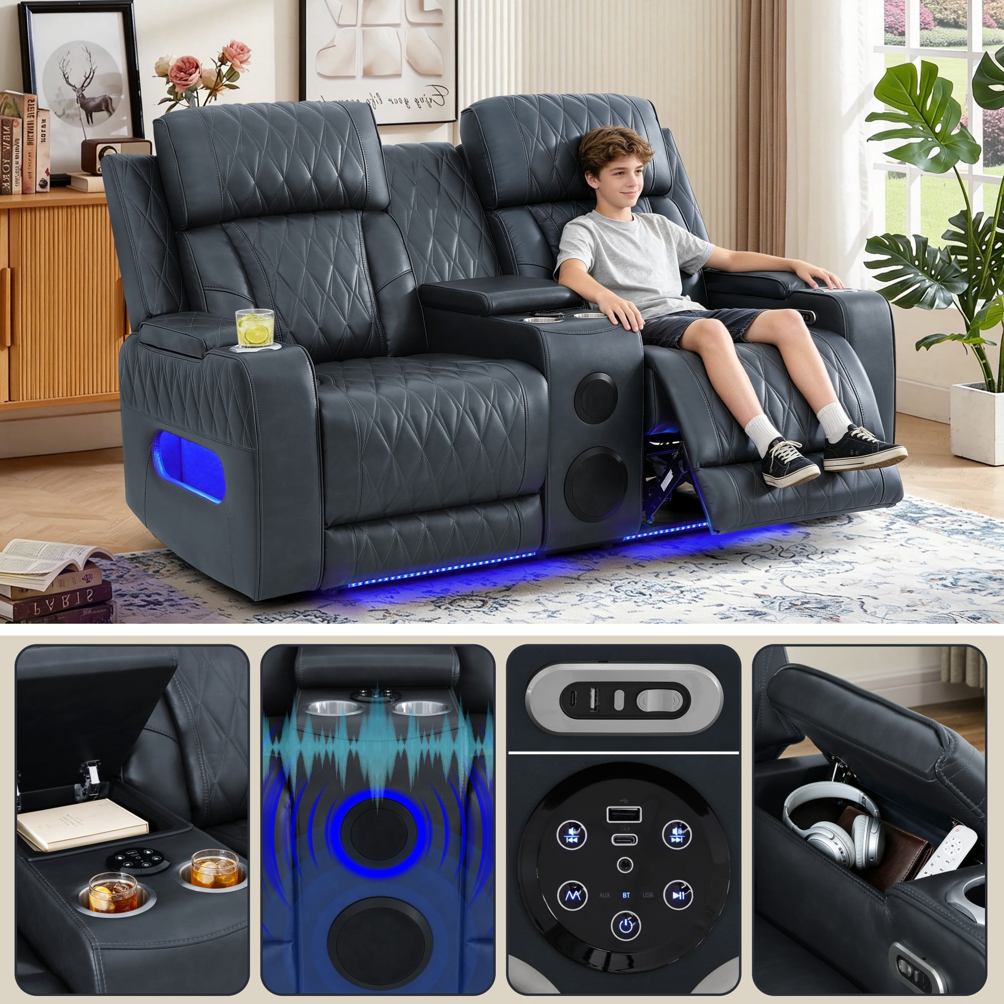 Gewnee Power Recliner with LED Ambient Lights, Built in Bluetooth Speakers, Usb & Type‑C Ports, Hidden Storage, Home Theater Seating with Cup Holders, Air Leather‑Blackish Gray