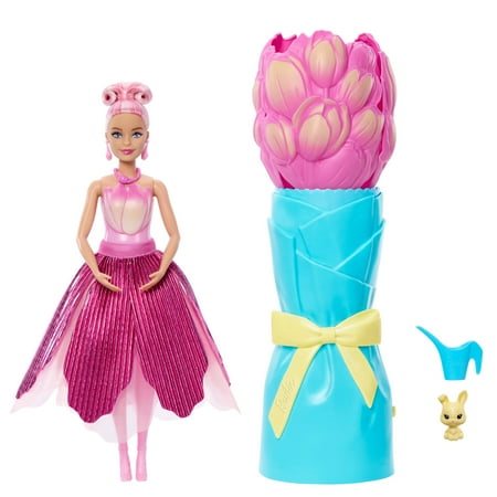 Barbie Petal Pop Scented Fashion Doll with Pink Tulip Dress, Reveal Accessories like Bunny & More