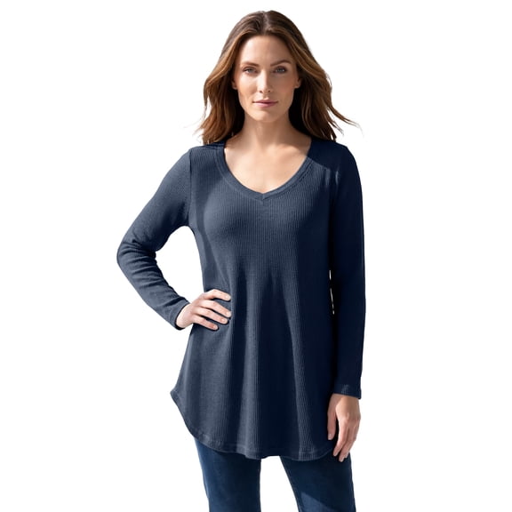 Roaman's Women's Plus Size Knit Thermal V Neck Swing Tunic – Long Sleeve