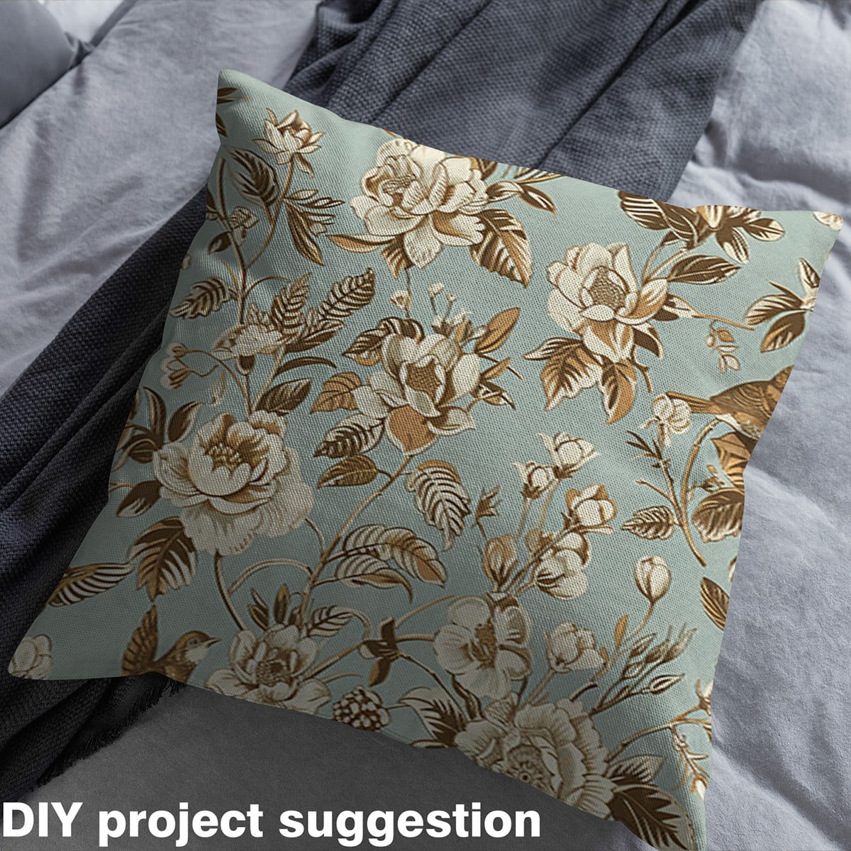 Castle Fairy Tropical Floral Fabric by the Yard 5 Yards for Girls, Vintage Bird Sewing Fabric, Brown Beige Blue Room Decor Fabric by the Yard, Luxury Bedroom Decor