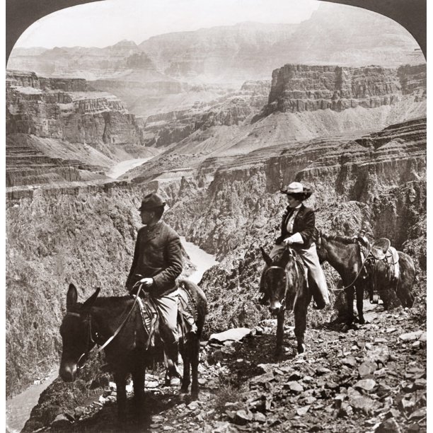Grand Canyon: Sightseers. /Na Man And A Woman Riding Mules Along The
