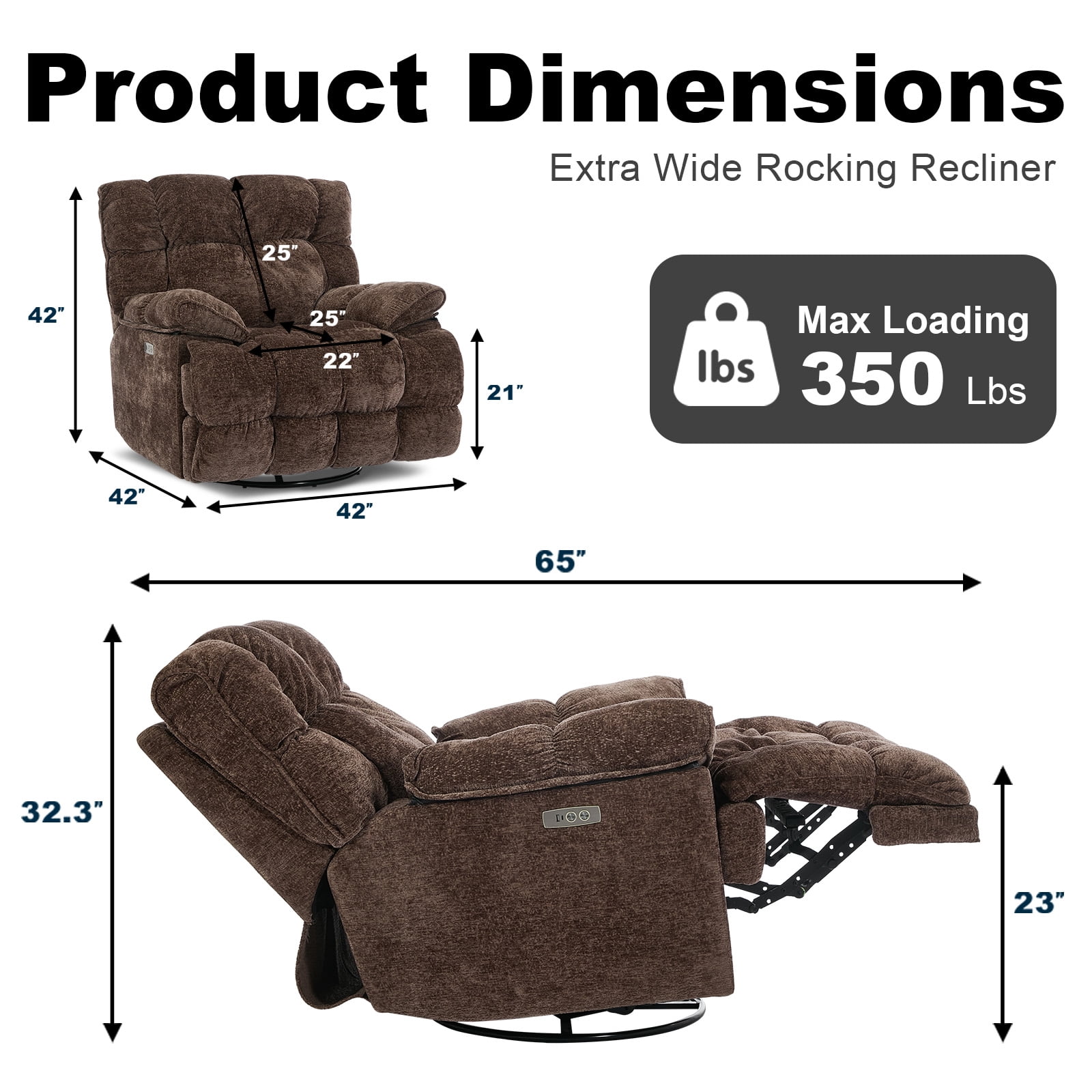 Pmango Power Oversized Recliner Chair, Extra Wide Swivel Rocking Recliner Chair, Breathable Soft Fabric Modern Single Sofa for Living Room, 90°-140° Electric Recline, USB & Type-C Port, Brown