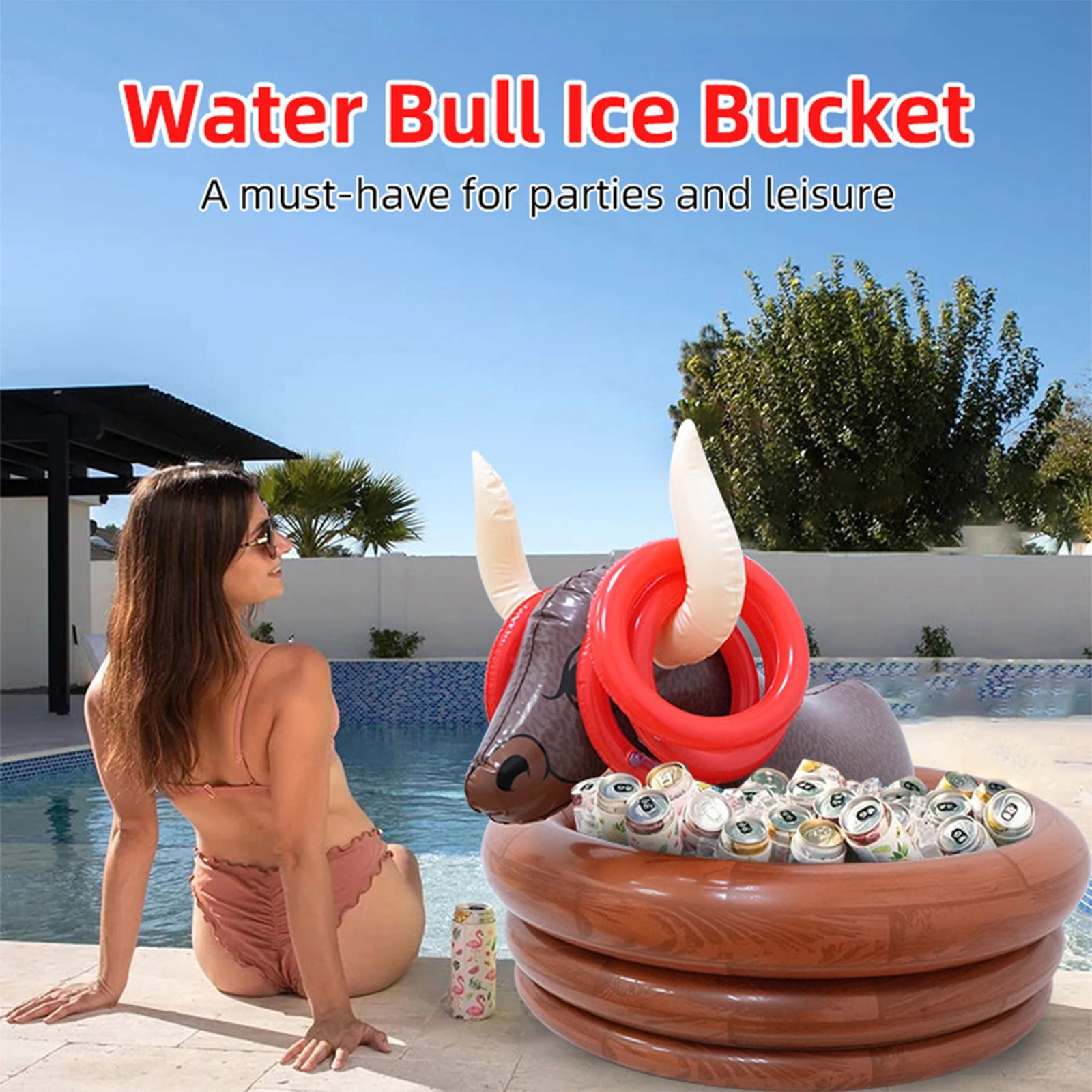 Inflatable Water Bull Ice Bucket - with Rings Toss, Bull Cooler Beverage Serving Container - Ideal for Beach, Pool, Camping Interactive Gamesch