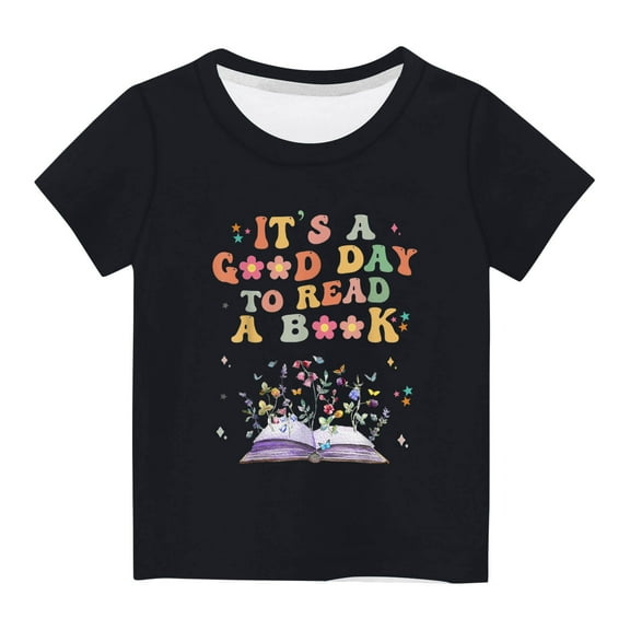 Nrmvnmi it's a good day to read a bookShirts for Kids Short Sleeve Graphic T-Shirt Round Neck Crop Top for Little & Big Girls and Boy T-Shirt Tee Black-3 Years
