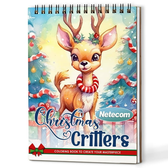 Netecom Christmas Critters Coloring Book Spiral Bound for Adults, A5 Wooden Cover, 30 Adorable Coloring Pages of Festive Animals for Stress Relief and Relaxation
