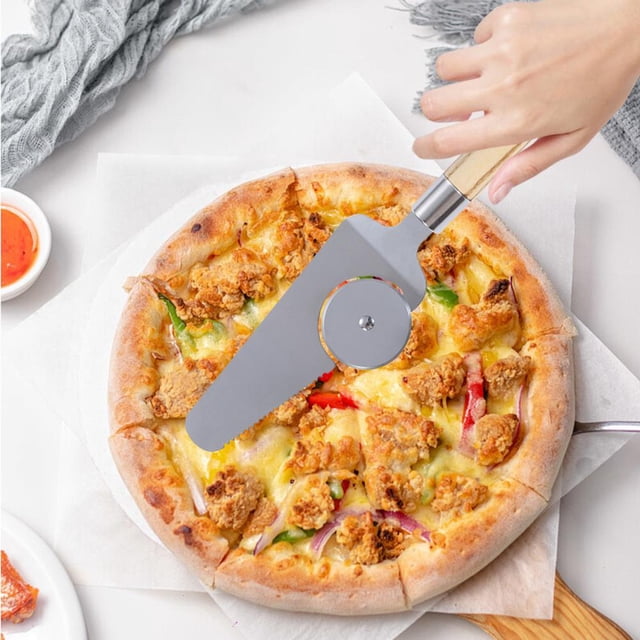 Feltree Stainless Steel Pizza Cutter Shovel Integrated Pizza Knife Roller Knife Shovel Cutting Pizza Home Kitchen Baking Tools Stainless Steel Light Pizza Tools