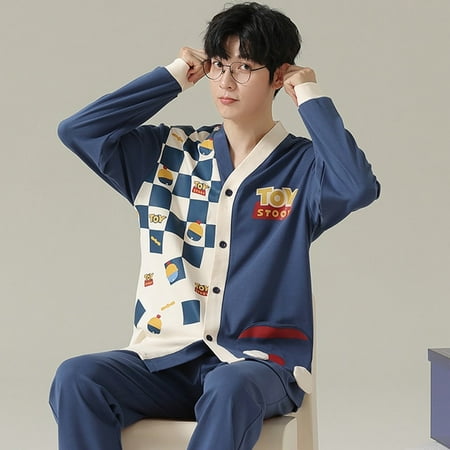 

QWZNDZGR Spring Autumn Cotton Cartoon Young Couple Pajama Sets Pyjamas Kawaii Sleep Loungewear Plaid Sleepwear Suits Pajamas for Lovers