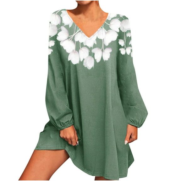 Herrnalise Women's Spring New Sexy Casual Printed Long Sleeve V-Neck Dresses S-5XL