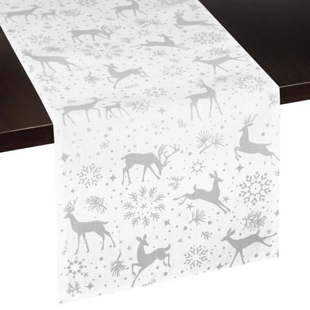 

Silver Winter Reindeer Snowflake Table Runner Holiday Time Decor White 12 x 54 Polyester Linen