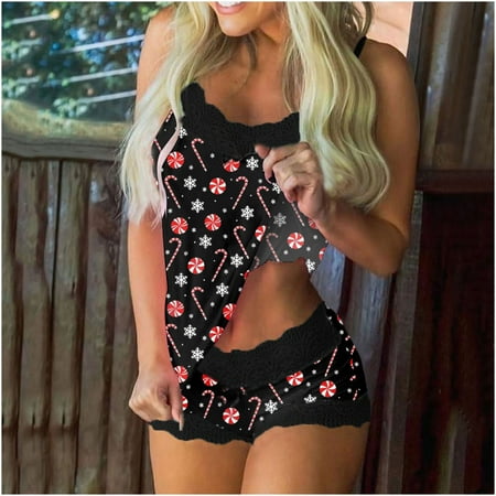 

Fiudx 2022 New Women Christmas Sexy Lingerie Fashion Print Pajamas Sleeveless Lace Cami Shorts Pajama Set Girls Shorts