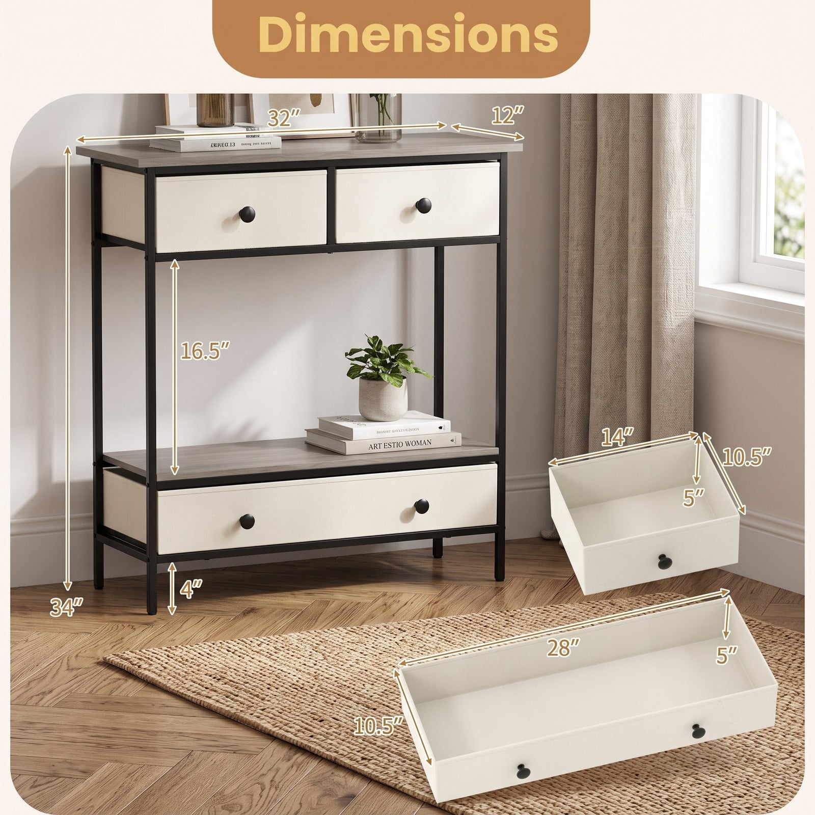 Furnibear Farmhouse Console Table with 3 Fabric Drawers and Open Storage Shelf and Metal Frame for Hallway and Entryway, Gray