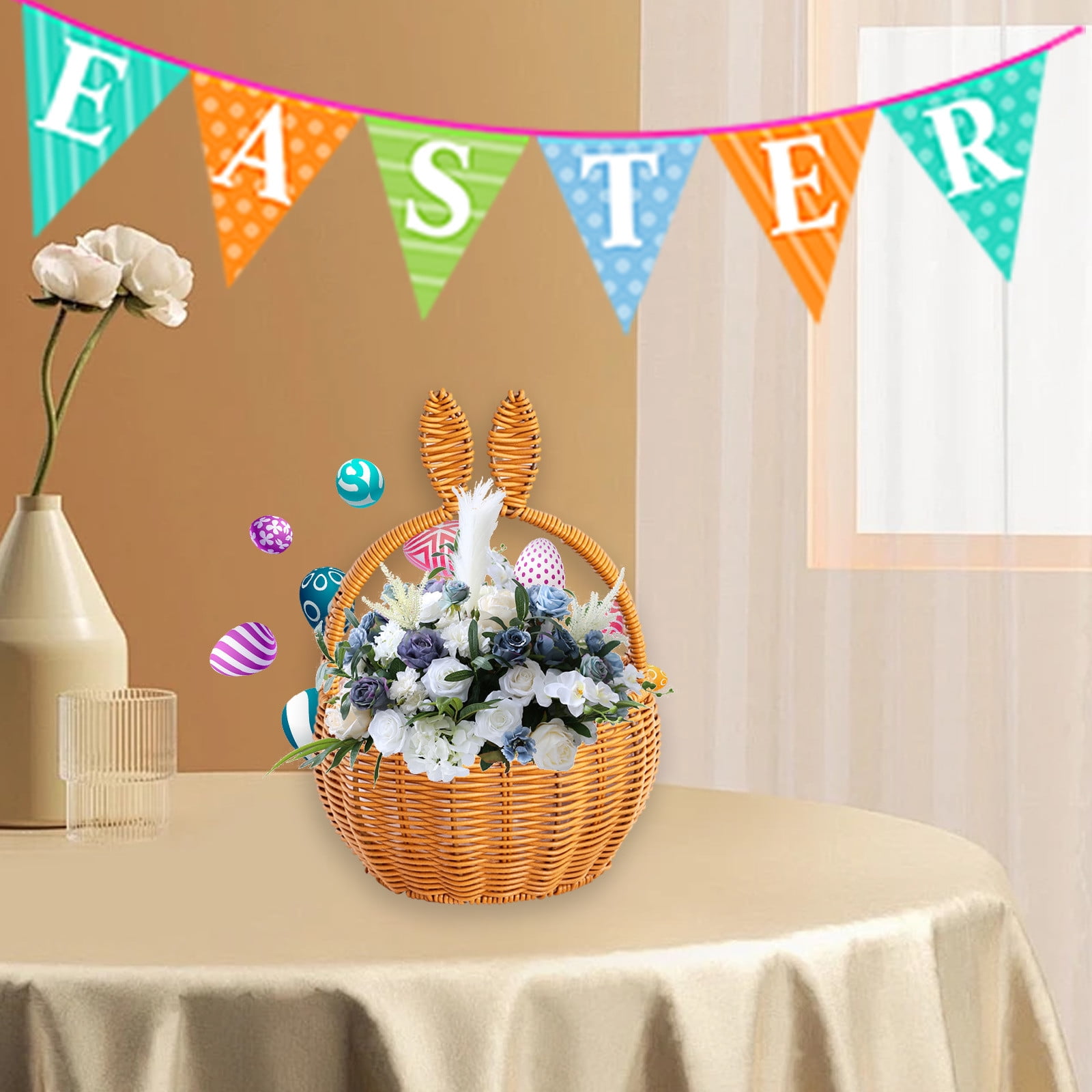 Yhmxh Easter Wicker Basket with Handle Bunny Ear Easter Woven Basket Picnic Basket for Kids Rabbit Ears Rattan Wicker Wine Woven Basket Empty for Candy Storage Toy Girl Party Easter Decorations-Brown