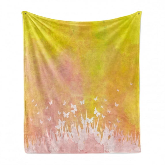 Watercolor Soft Flannel Fleece Blanket, Spring Meadow with Silhouette of Flower Grass and Butterfly Artwork, Cozy Plush for Indoor and Outdoor Use, 70" x 90", Earth Yellow Pale Pink, by Ambesonne