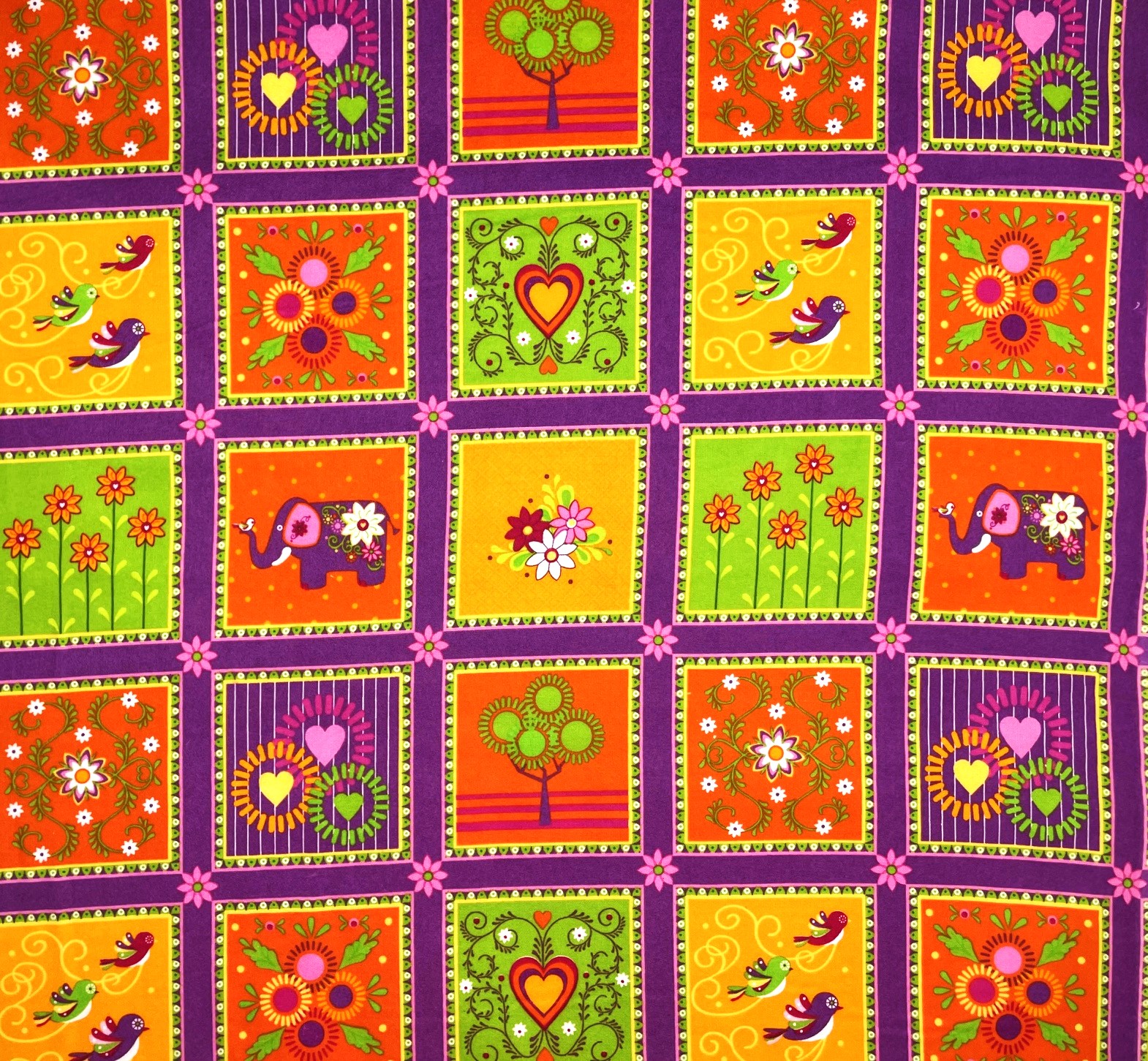 1 Yard - Retro Hearts Flowers & Elephants Block Flannel Cotton Fabric (Great for Sewing, Craft Projects, Throw Pillows & More) 1 Yard X 44" Wide