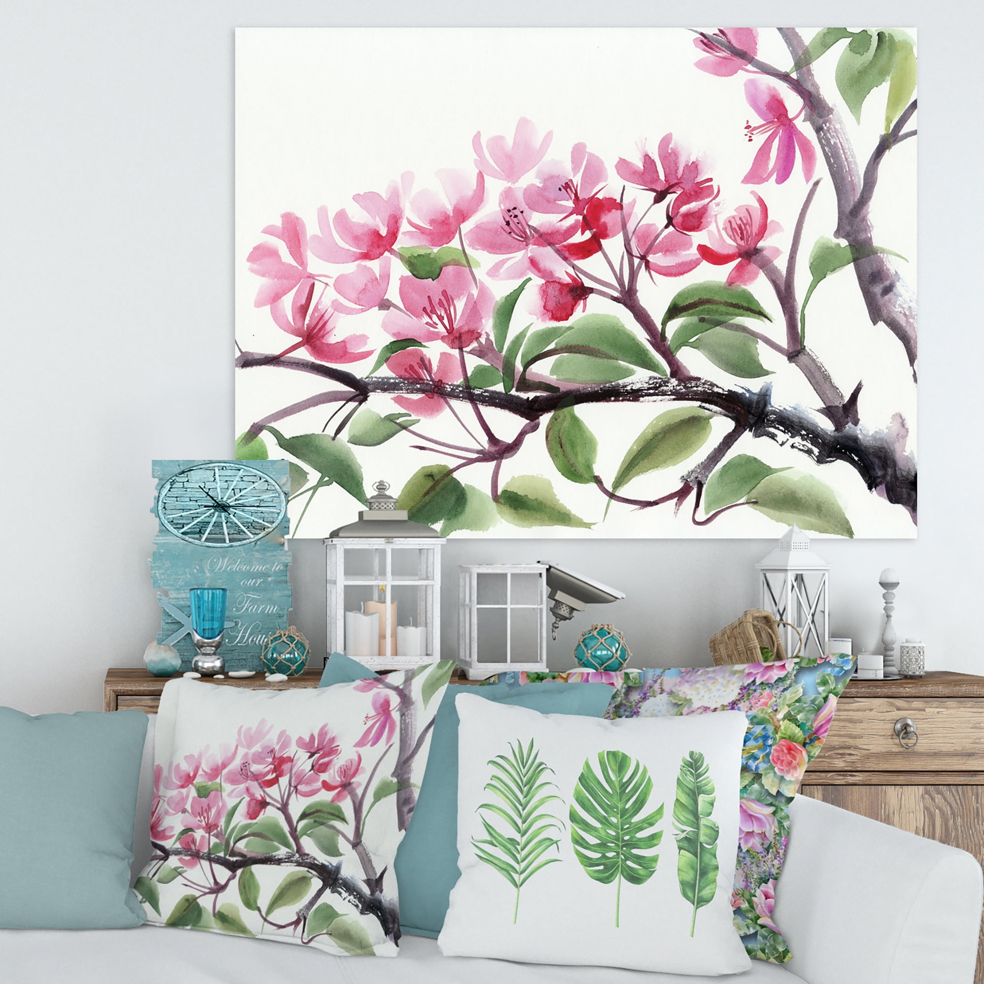 Designart ' Pink Blossoming Floral Tree ' Traditional Canvas Wall Art Print
