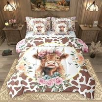 Homewish Kawaii Highland Cattle Twin Bedding Sets 7-Piece, Fashion Brown Cow Print Bedding Comforter Set, Romantic Rose Floral Reversible Sheet Sets, Luxury Bedroom Decor