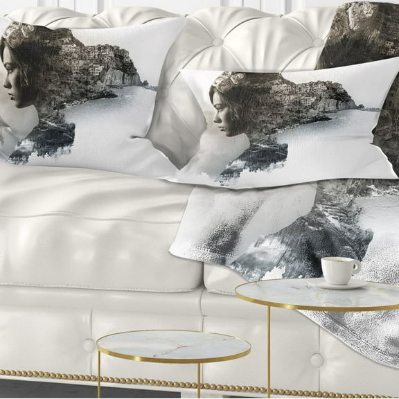 Designart Stylish Woman and View of Manarola - Portrait Throw Pillow - 12x20