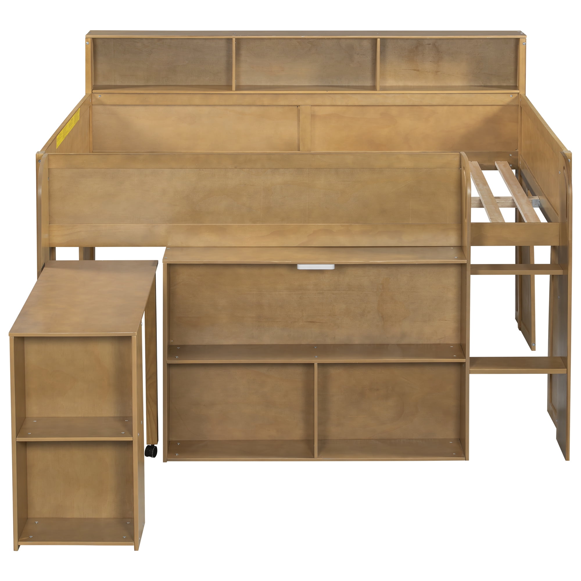 Euroco Wood Full Size Loft Bed with Storage Shelves Desk and LED Light, Walnut
