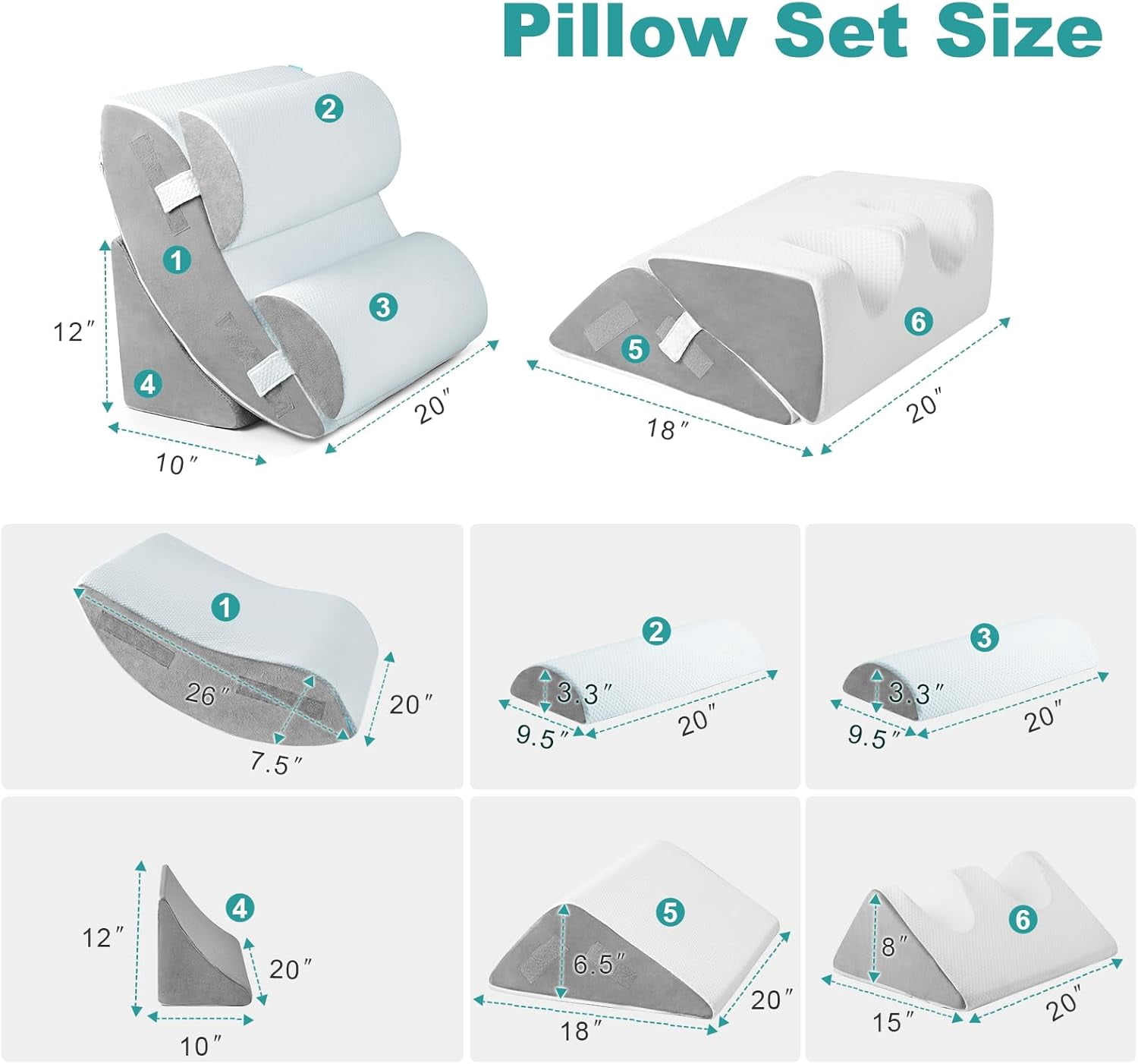 6PCS Orthopedic Bed Wedge Pillow for Sleeping, Adjustable Post Surgery Pillow Set for Body, Back and Leg Pain Relief, Memory Foam Support Pillows for After Surgery, White