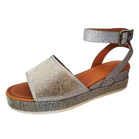 

B91xZ Walking Sandals Women Shoes Womens Wedgr Outdoor Strap Buckle Summer Rhinestone Sandals Women s Sandals Silver Size 8