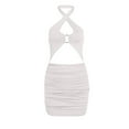 thumbnail image 2 of BLTIBY 2025 Womens Dresses Sleeveless Summer Halter Neck Solid Color V Neck Casual Fashion Waist Vacation Hip Wrap Dresses White S, 2 of 5