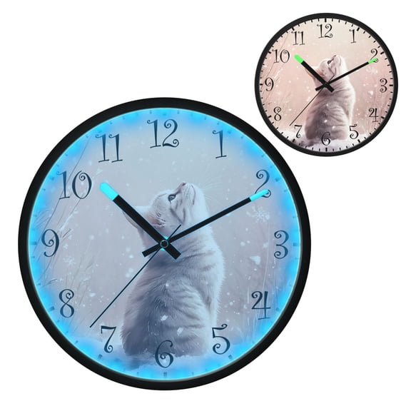 Voice Activated Clock with Glow Light 12 Inch Large Silent Wall Clock Battery Operated for Home Decor A Cat in The Snow