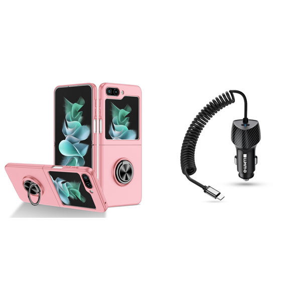 BEMZ Magnetic Holder Polycarbonate Case for Galaxy Z Flip 5 Bundle with 40W USB-C Car Charger (Type-C Port) - 5 Foot - Light Pink