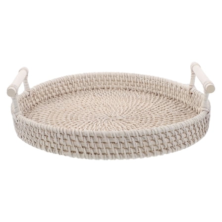 HONMEET White Woven Rattan Round Tray with Handles, Handwoven Decorative Serving Tray for Home and Kitchen