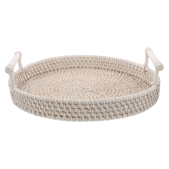 HONMEET White Woven Rattan Round Tray with Handles, Handwoven Decorative Serving Tray for Home and Kitchen