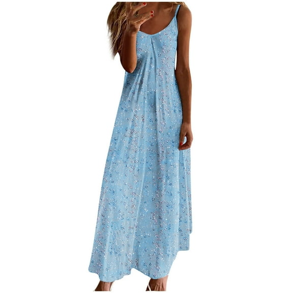Summer V Neck Dress for Women Printed Spaghetti Strap Sleeveless Dress Casual Loose Flowy Beach Vacation Trendy Dress