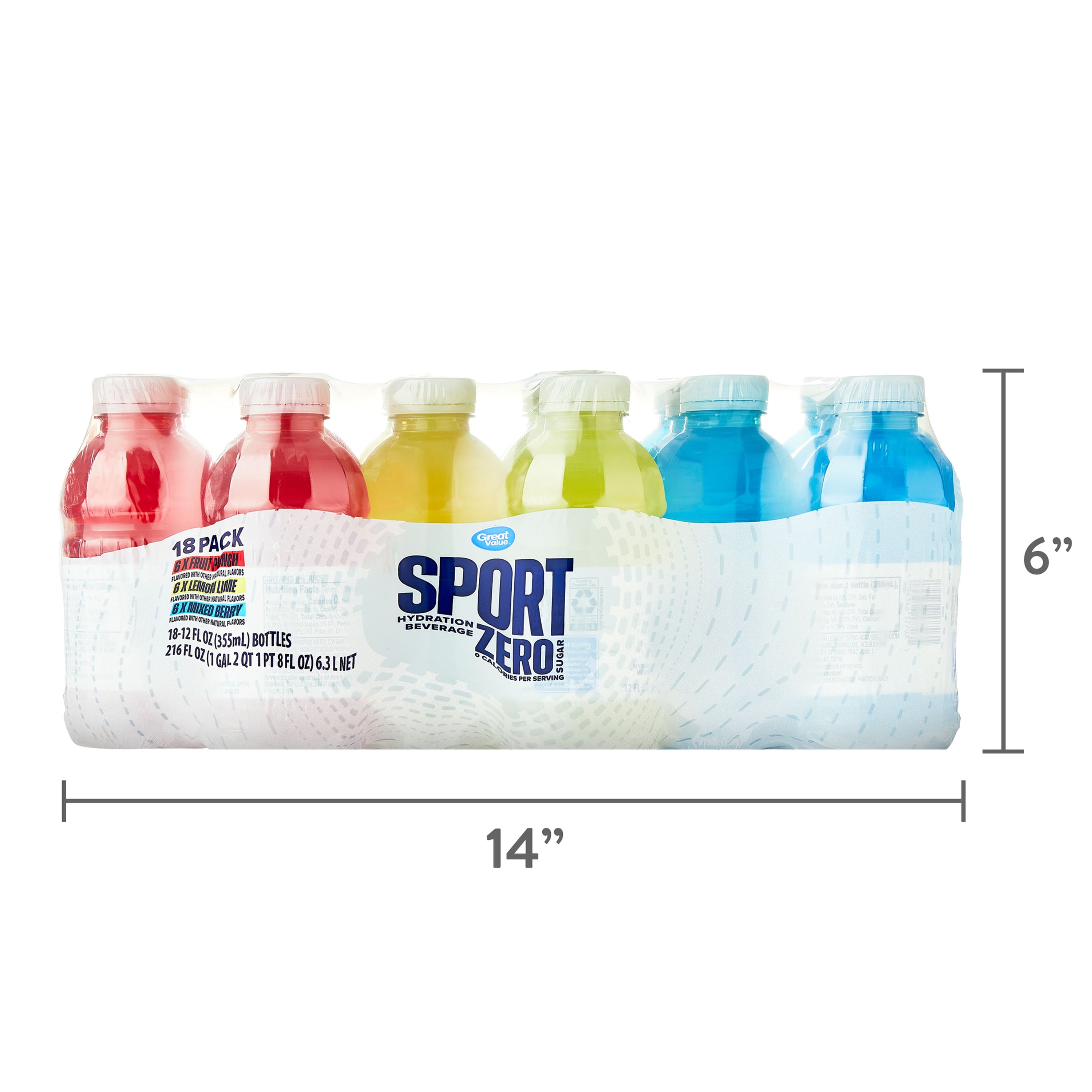 Great Value Zero Sugar Sport Hydration Beverage Variety Pack, Fruit Punch/Lemon Lime/Mixed Berry, 12 fl oz, 18 Bottles