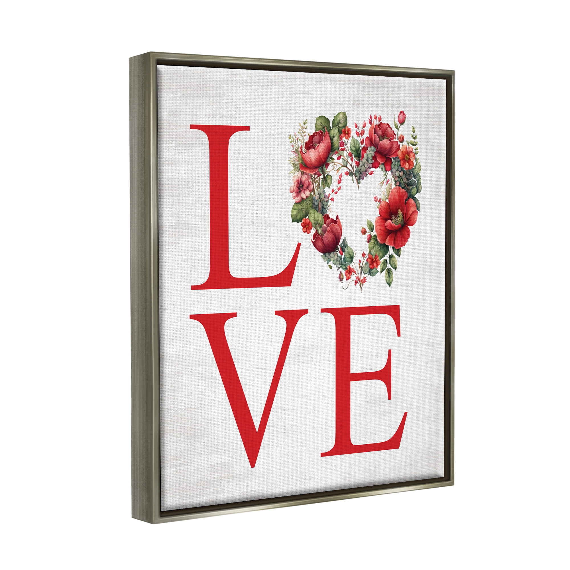 Stupell Industries Love with Heart Wreath Botanical & Floral Painting Gray Floater Framed Canvas Art Print Wall Art, 17 x 21
