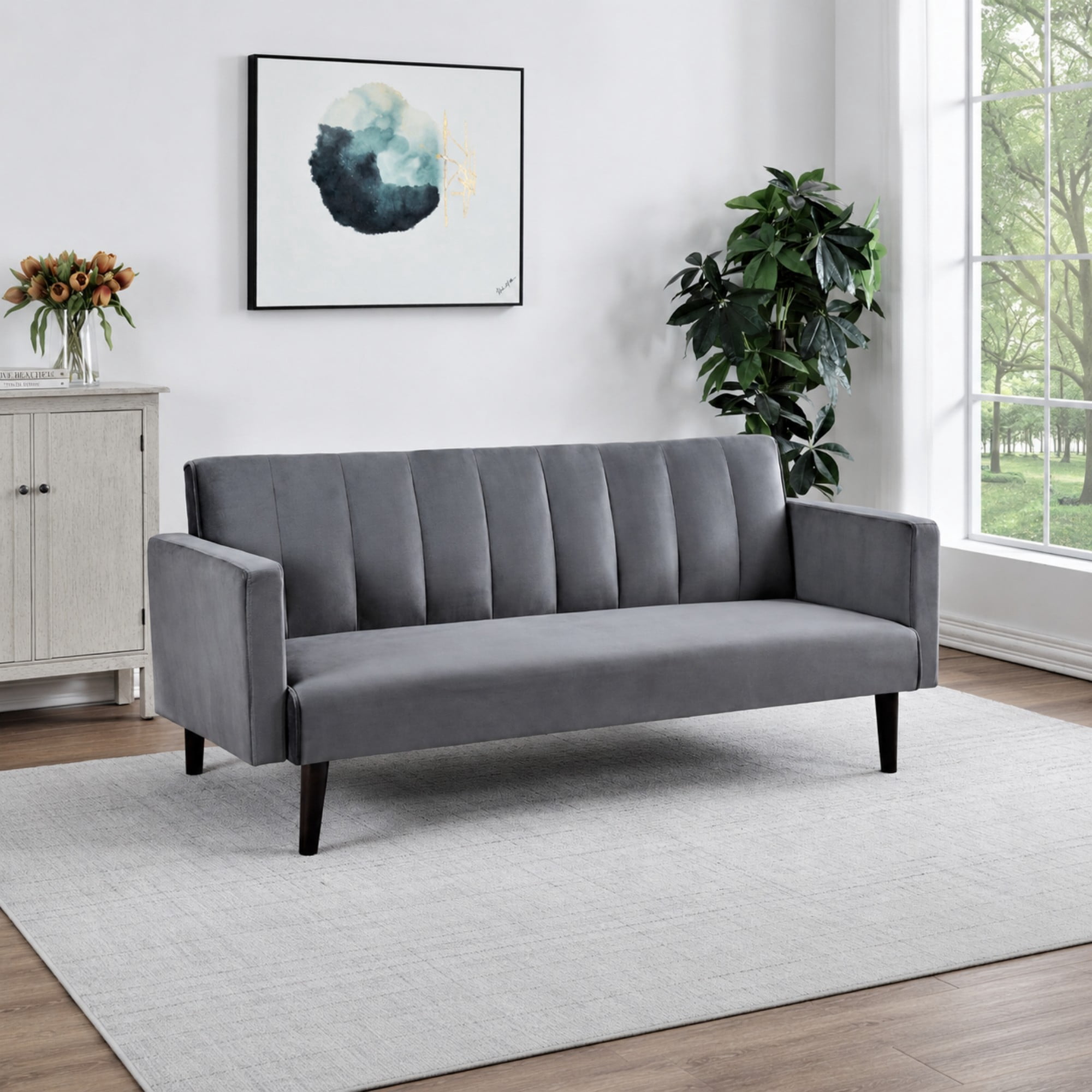 BSHTI 72" Linen Sleeper Sofa Bed with Vertical Channel Tufted Backrest,Adjustable Back, Folding Design for Living Room（Gray）