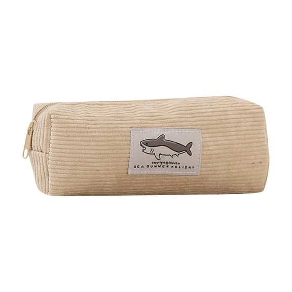 Corduroy Pencil Case – 7.48x3.15x1.57 Inch Cute Shark Embroidered Stationery Bag, Wide-Opening Zippered Pen Pouch, Travel & Makeup Organizer for Students