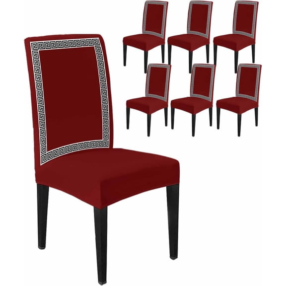 Stretch Chair Covers Set of 6, Greek Geometric Inspired Twist Line Universal Fit Elastic Decorative Dining Chairs Slipcovers for Wedding, Banquet, Abstract Key Pattern on Red