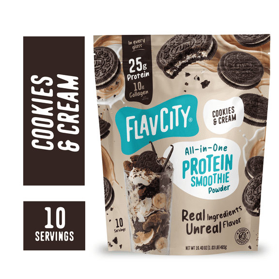 FlavCity Whey Protein Powder - Cookies & Cream - 25g Protein All-in-One Smoothie - 10 Servings/16.40oz