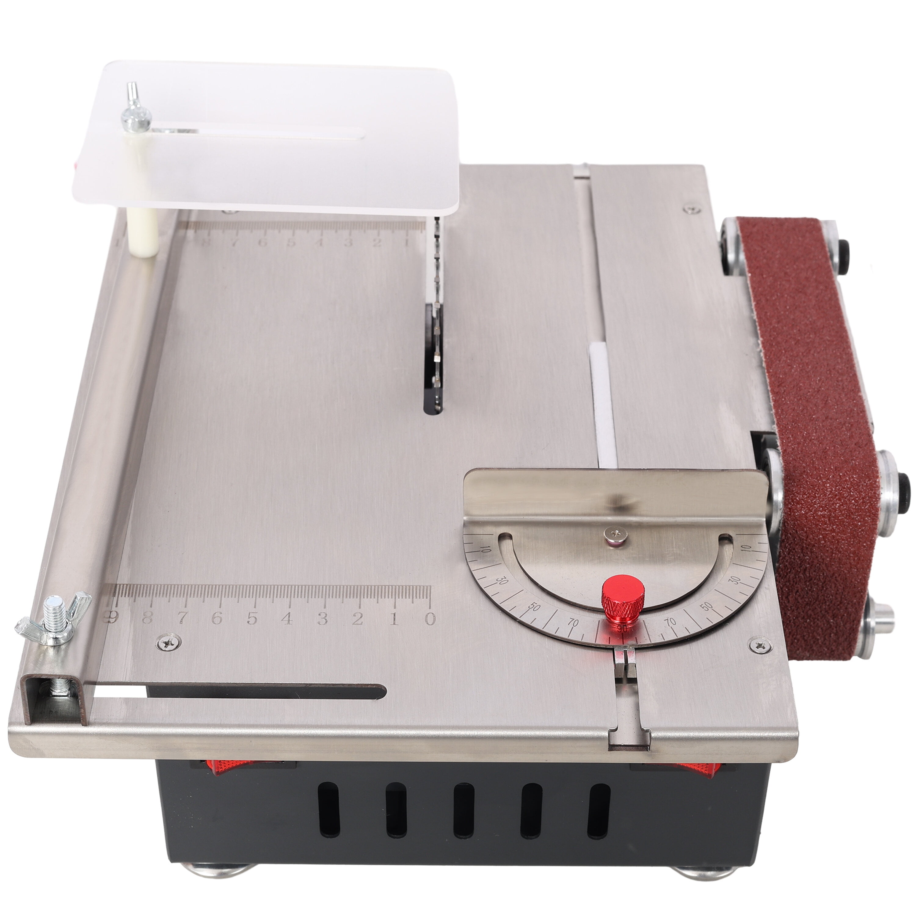 Power Drill, Mini Table Saw,Belt Sander, stainless steel top,4pcs Blades,10pcs Sanding Blet,7 Gear Adjustable 0-90° Angle, Available for Wood/PCB/Acrylic/Plastic,DIY Model Crafts Cutting Tool