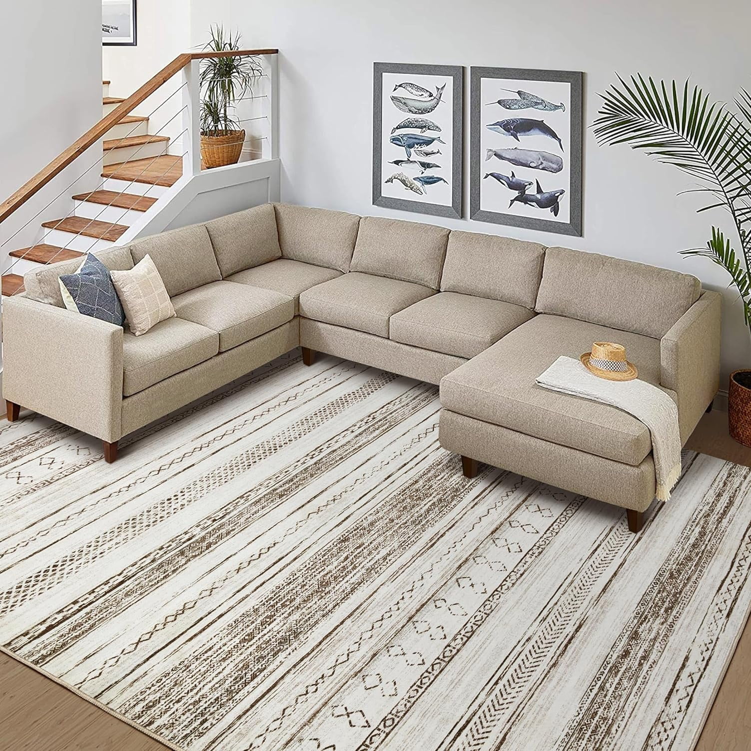 Toyoso 9x12 Area Rug Living Room Rugs - Washable Large Soft Neutral Boho Moroccan Bohemian Farmhouse Rug Indoor Floor Carpet for Bedroom Under Dining Table Home Office Decor - Cream Brown