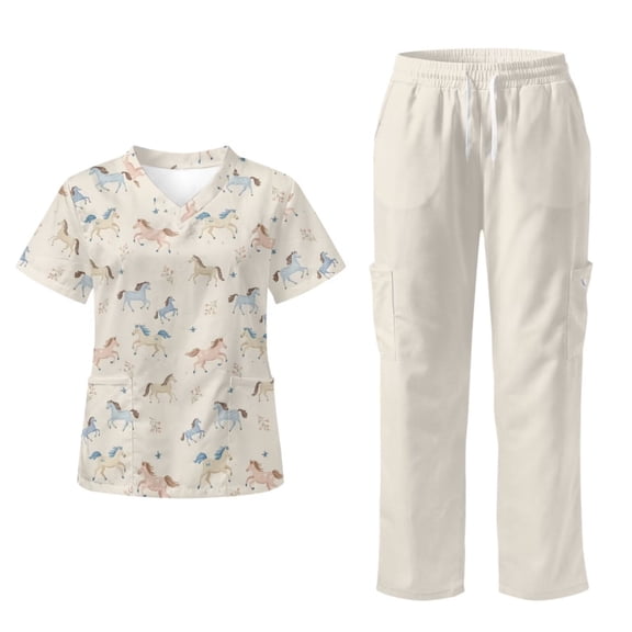 Yspwyqan Western Horse Floral Scrubs for Women Set, 2 Piece V-Neck Short Sleeve Scrub Top & Straight Leg Cargo Pants, Stretchy Breathable Quick Dry Shirts for Nurse Vet, Size S