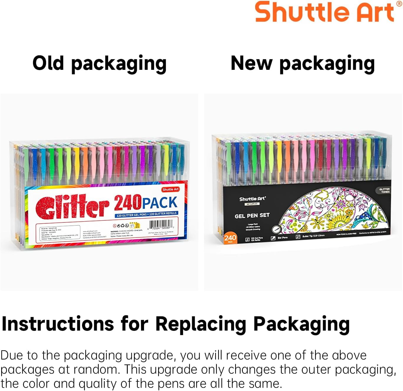 240 Pack Glitter Gel Pens, Shuttle Art 120 Colors Glitter Gel Pen Set with 120 Refills for Adult Coloring Books Craft Doodling