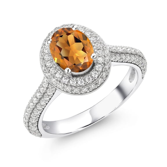 Gem Stone King 925 Sterling Silver Oval Orange Red Madeira Citrine and White Moissanite Ring for Women (1.74 Cttw, Gemstone Birthstone, Available in Size 5, 6, 7, 8, 9)