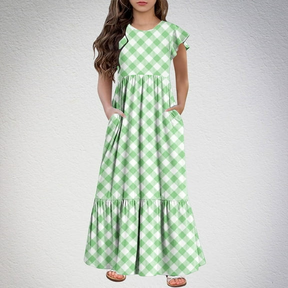 Spazoro Kids Girls Dresses, Fashion Short Sleeve Round Neck Plaid Princess Dress for Child Girls Green Size 8 T