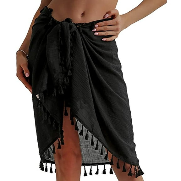 Swimsuit Cover Up Beach Cover Up for Women Bathing Suit Cover ikini Semi-Sheer Swimwear Coverup Short Skirt with Tassels Beach Cober Black