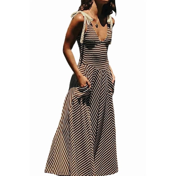 Women Casual Summer Smocked V Neck Beach Striped Sleeveless Sundress Flowy Long Dress with Pockets Dark Gray M