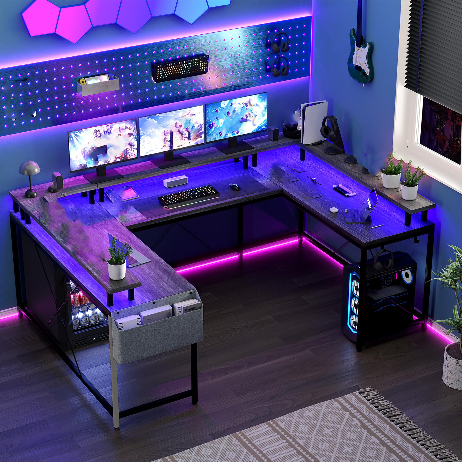 Huisuilinss U Shaped Desk Large Corner Office Desk With Monitor Stands PC Gaming Desk With Power Outlet & LED Lights Reversible L Shaped Computer Desk For Home Office