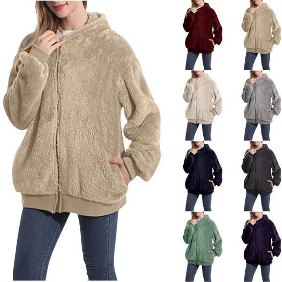 qolati 2023 Fleece Jackets for Women Fall Winter Long Sleeve Hooded Cardigan Jacket Casual Loose Zipper Hoodies Outfits Coat